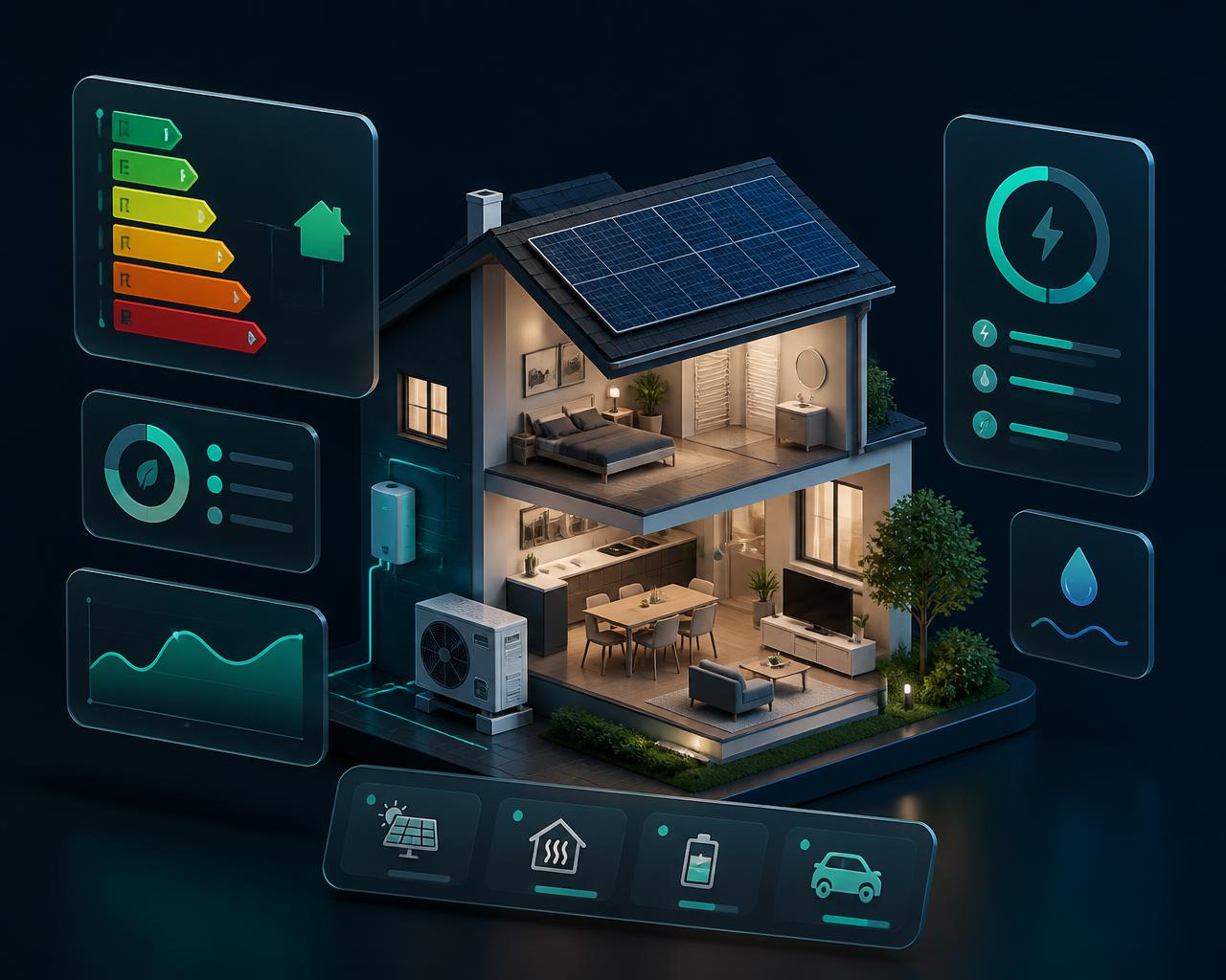 Illustration of a UK home with a heat pump, solar panels and energy performance dashboard cards